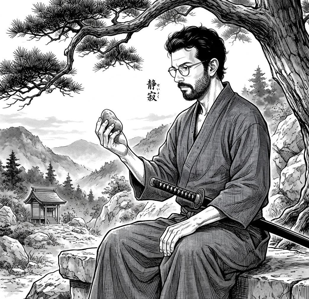 Illustriertes Porträt von Chris im Manga-Stil: nachdenklich unter einem Baum, einen Stein in der Hand.
